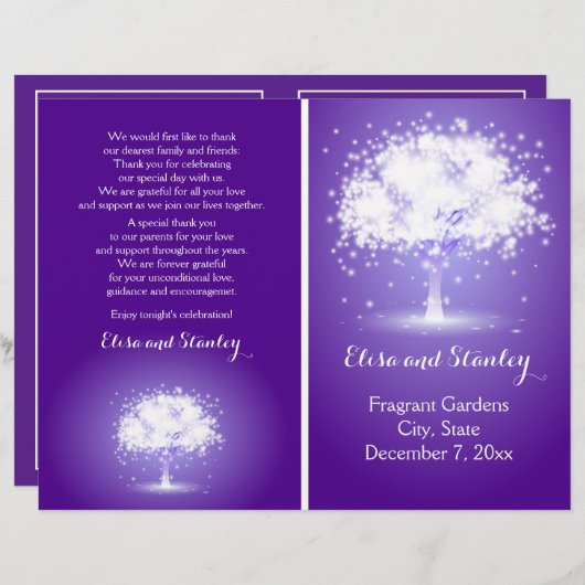 Boom met mousserende lichten paars trouwprogramma (Voorkant / Achterkant)