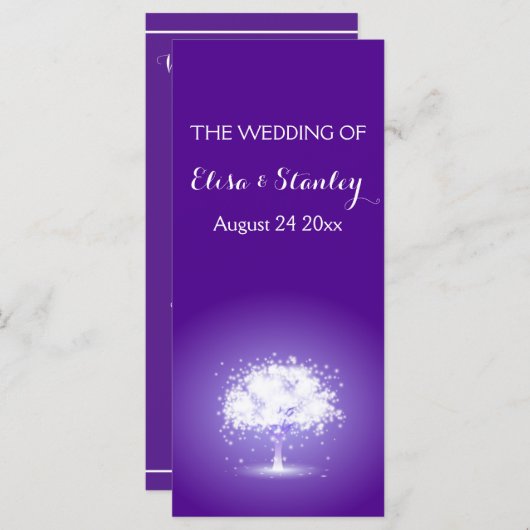 Boom met mousserende lichten paars trouwprogramma programmakaart (Voorkant / Achterkant)
