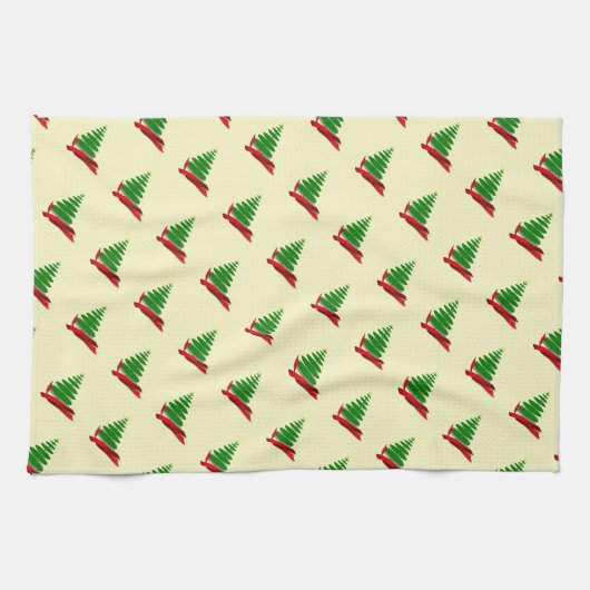 Boom met rood lint kerst theedoek (Horizontaal)