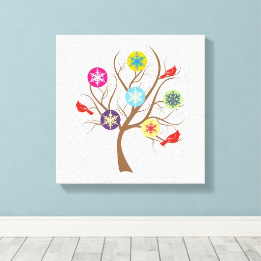 Boom met sneeuwvlokken en kardinalen modern canvas afdruk (Insitu (Houten vloer))