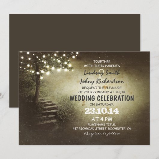 Boom met strijklichten rustieke bruiloft uitnodigi kaart (Voorkant / Achterkant)