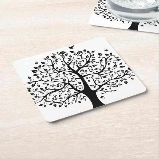 Boom met zwart en wit leven kartonnen onderzetters (Schuin)