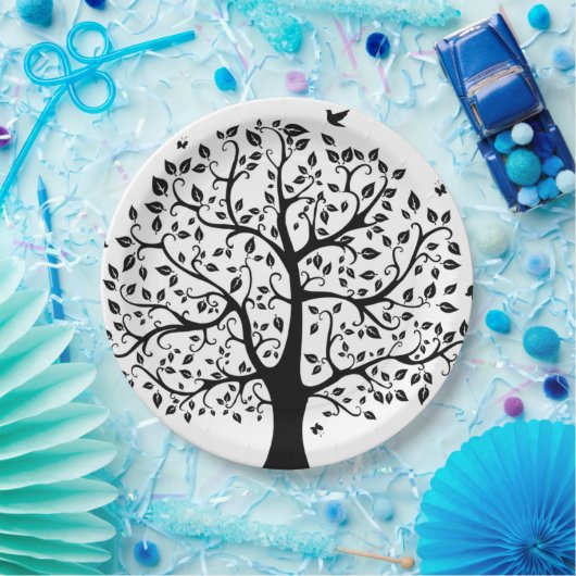 Boom met zwart en wit leven papieren bordje (Feest)