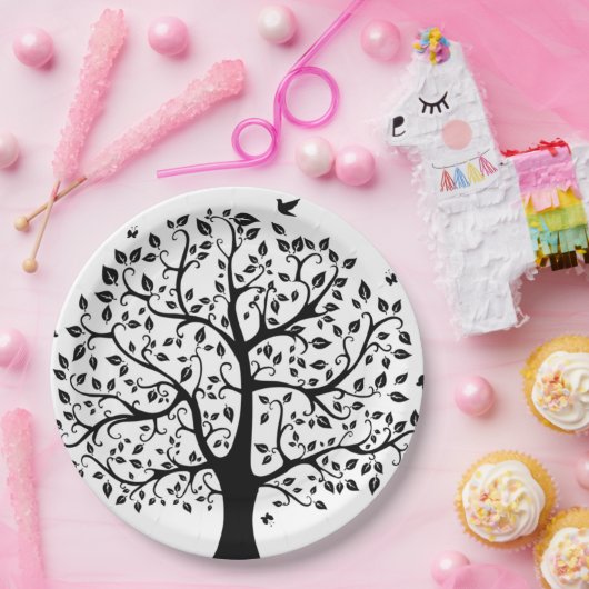 Boom met zwart en wit leven papieren bordje (Feest)