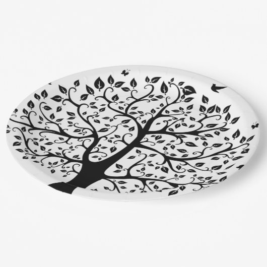 Boom met zwart en wit leven papieren bordje (Gekanteld)