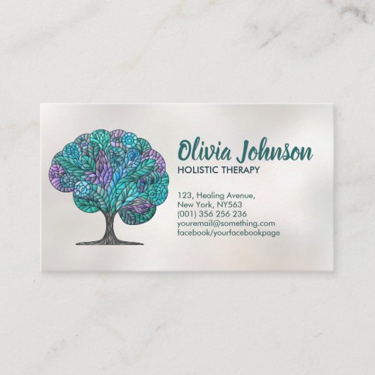 Boom Mozaïek Kunst - Turquoise en Paarse Visitekaartje (Voorkant)