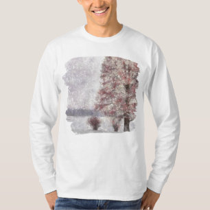 Boom nabij het kleine rode leder en sneeuw t-shirt