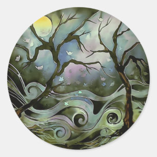 Boom nachtscène volle maan zijde kunstschilderij ronde sticker