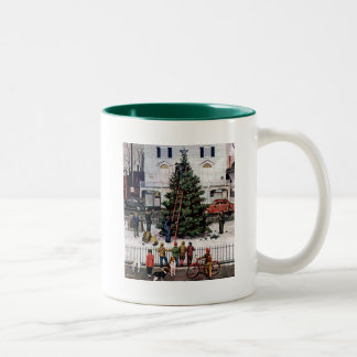 Boom op het stadsplein tweekleurige koffiemok
