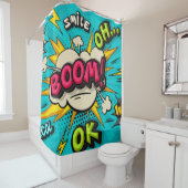 Boom pop-kunstwolkenbubbel. Lachen, wow, pow, cool Douchegordijn (In situ)