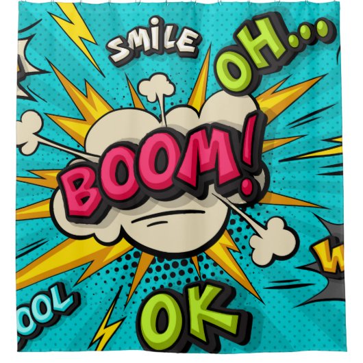 Boom pop-kunstwolkenbubbel. Lachen, wow, pow, cool Douchegordijn (Voorkant)