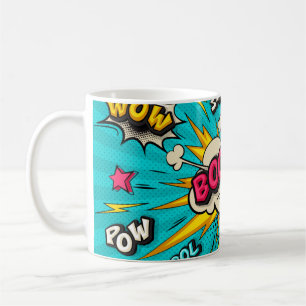 Boom pop-kunstwolkenbubbel. Lachen, wow, pow, cool Koffiemok