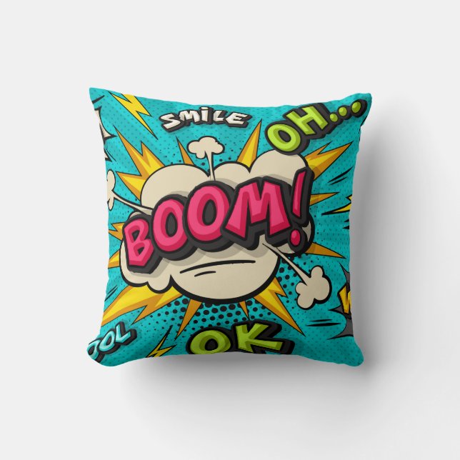 Boom pop-kunstwolkenbubbel. Lachen, wow, pow, cool Kussen (Voorkant)