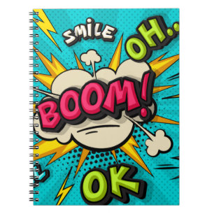 Boom pop-kunstwolkenbubbel. Lachen, wow, pow, cool Notitieboek