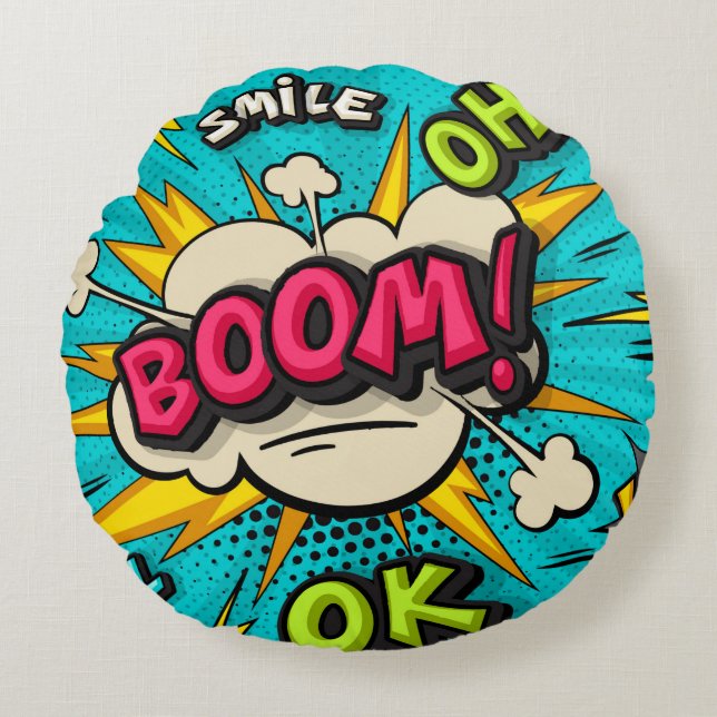 Boom pop-kunstwolkenbubbel. Lachen, wow, pow, cool Rond Kussen (Voorkant)