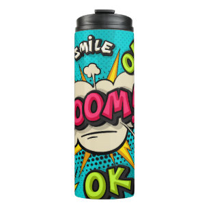 Boom pop-kunstwolkenbubbel. Lachen, wow, pow, cool Thermosbeker