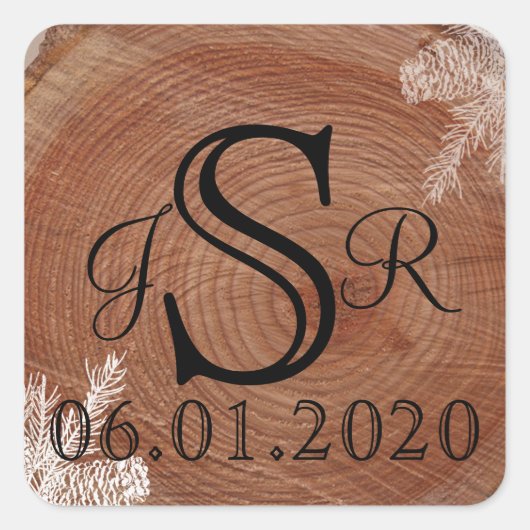 Boom Ringen Rustiek Land Bruiloft Monogram Vierkante Sticker (Voorkant)