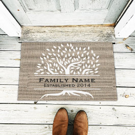 Boom Rustic Burlap Familienaam Vastgesteld Deurmat