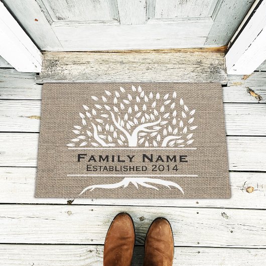  Boom Rustic Burlap Familienaam Vastgesteld Deurmat