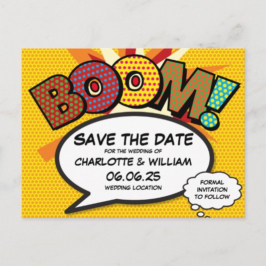 BOOM Save the Date Fun Modern Kleurrijk Aankondigingskaart (Voorkant)