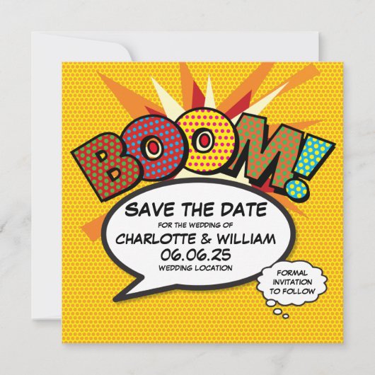 BOOM Save the Date Leuk Retro Strip Pop Art (Voorkant)
