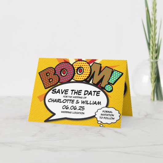 BOOM Save the Date Leuk Retro Strip Pop Art Aankondiging (Voorkant)
