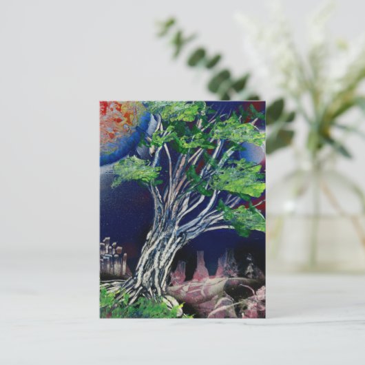 Boom Schilderen met blauwe stad en oranje zon Briefkaart (Staand voorkant)