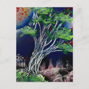 Boom Schilderen met blauwe stad en oranje zon Briefkaart