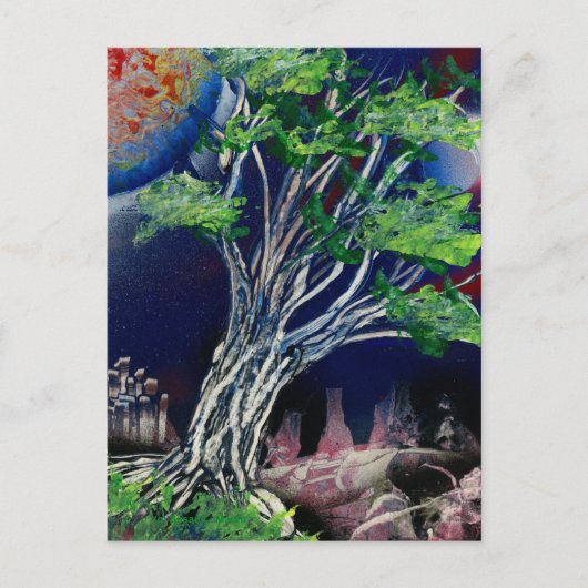 Boom Schilderen met blauwe stad en oranje zon Briefkaart (Voorkant)