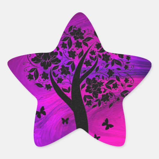 Boom Silhouet en Vlinders Abstracte Kunst Ster Sticker (Voorkant)