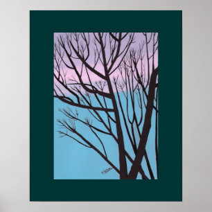 Boom silhouet tegen herfst avondhemel Print