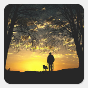 Boom Silhouette van Man en hond op zonsondergang Vierkante Sticker