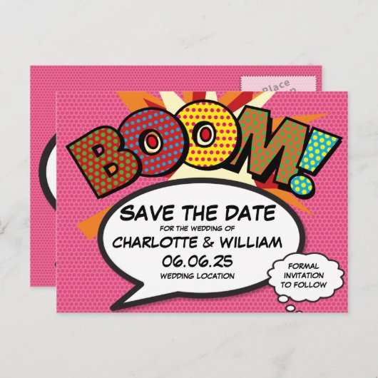 BOOM Sla de datum op Leuk Retro Strip Pop Art Aankondigingskaart (Voorkant / Achterkant)
