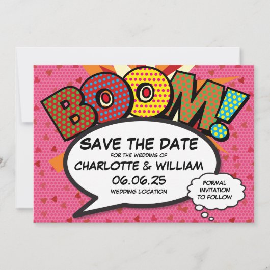 BOOM Sla de datum op Leuk Retro Strip Pop Art Save The Date (Voorkant)