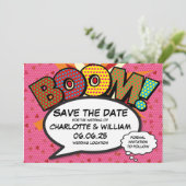 BOOM Sla de datum op Leuk Retro Strip Pop Art Save The Date (Staand voorkant)