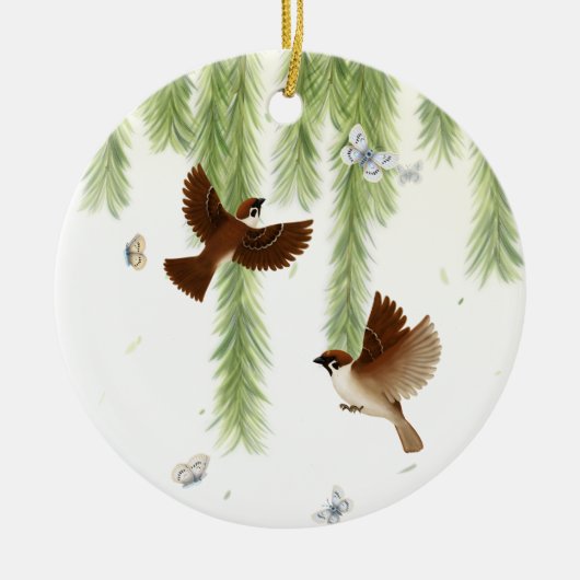 Boom Sparrows under a Weeping Willow Personalized Keramisch Ornament (Voorkant)