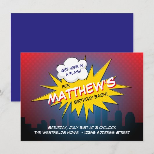 Boom superheld Kids Birthday Party Invitation Kaart (Voorkant / Achterkant)