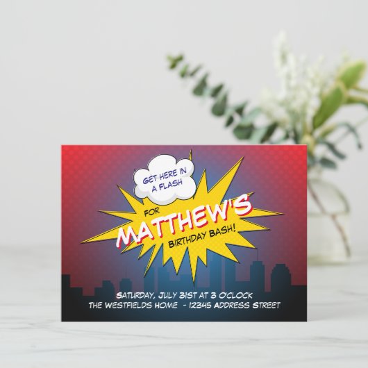 Boom superheld Kids Birthday Party Invitation Kaart (Staand voorkant)