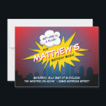 Boom superheld Kids Birthday Party Invitation Kaart<br><div class="desc">Genderneutrale superheld verjaardagsfeestuitnodiging met het stadslandschap eronder. Pas de partijtitel voor andere gebeurtenissen aan. Geweldig voor jongens of meisjes verjaardagsfeestjes. Vergelijkend bedankt kaart:</div>