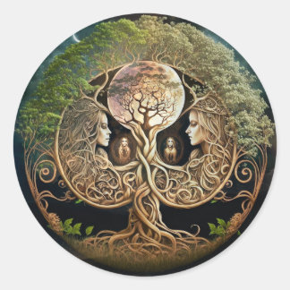Boom van de godin en de maan van het leven ronde sticker