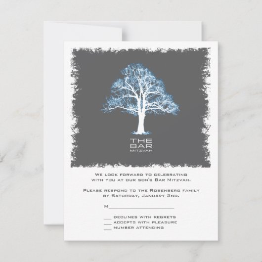 Boom van de Life Bar Mitzvah Reply Card, Blue en G RSVP Kaartje (Voorkant)