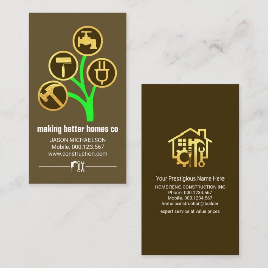 Boom van gouden handyman gereedschap visitekaartje (Voorkant / Achterkant)
