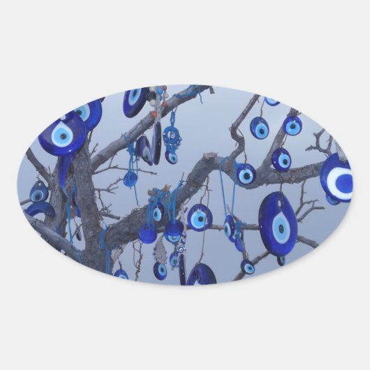 Boom van het Boze Oog, Blauwe Nazar Amulet sierade Ovale Sticker (Voorkant)