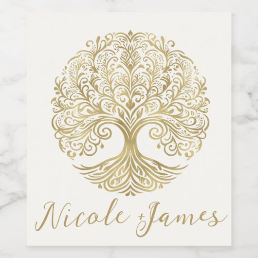 Boom van het Leven Cream & Goud Keltische Bruiloft Wijn Etiket (Enkel label)