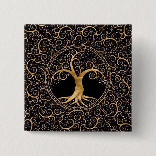 Boom van het leven Golden Spiral en Gemstenen Vierkante Button 5,1 Cm (Voorkant)