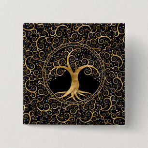 Boom van het leven Golden Spiral en Gemstenen Vierkante Button 5,1 Cm