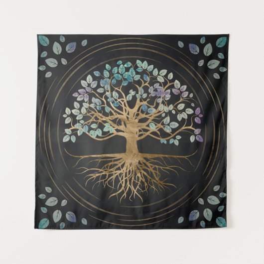 Boom van het leven - Yggdrasil - Goud en gekleurde Wandkleed (Voorkant)