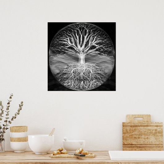 Boom van het leven zwart-wit serenity poster (Keuken)