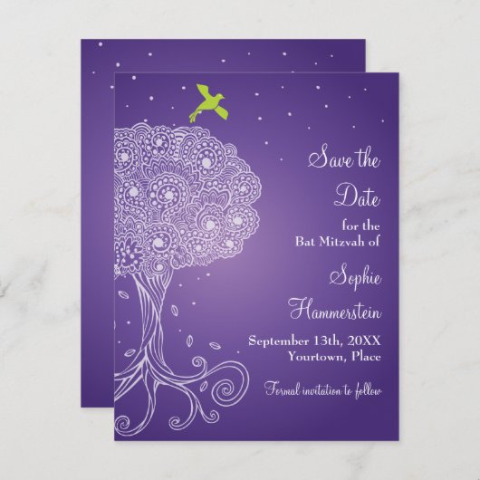 Boom van het Paarse Leven Mitzvah sparen de Datum Save The Date (Voorkant / Achterkant)