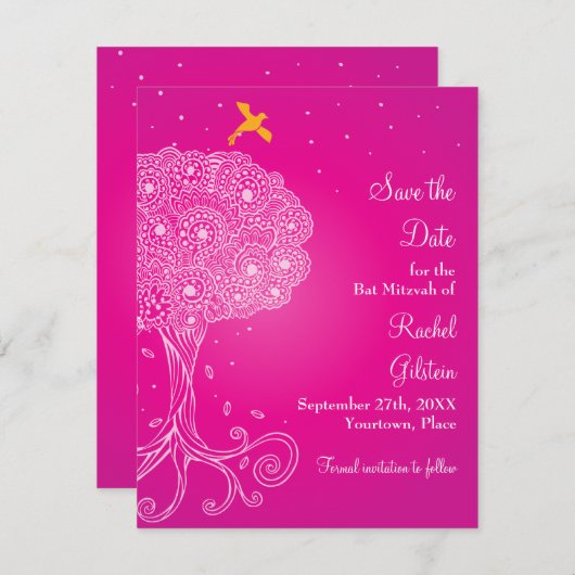 Boom van levensroze bank Mitzvah sparen de datum Save The Date (Voorkant / Achterkant)